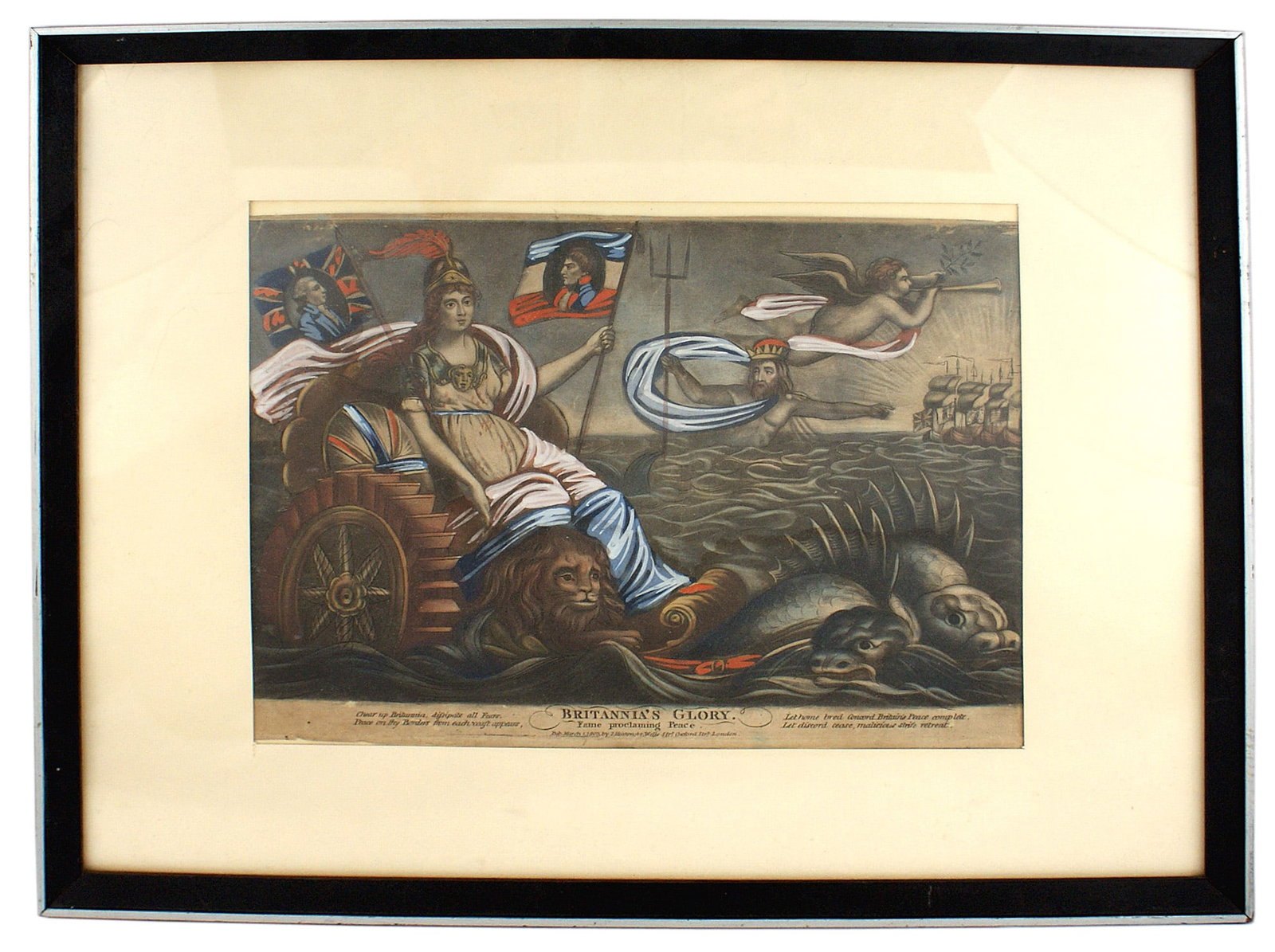 BRITANNIA'S GLORY British print dated 1803: L-025 "BRITANNIA'S GLORY", original colored British print dated 1803. Britannia is seated on a paddle wheel throne, holding the flags of Britian (with Nelson's portrait) and France (with Napoleon's po