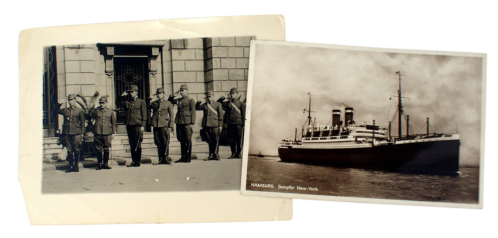 German Japanese photo lot zeppelin etc: L-028 Interesting lot of 2 historical items: (1) 4 3/4" x 6 1/2" photo of seven Japanese Officers saluting - standing in front of a German building. The reverse has inked "Saluting "Old Glory". Dated 