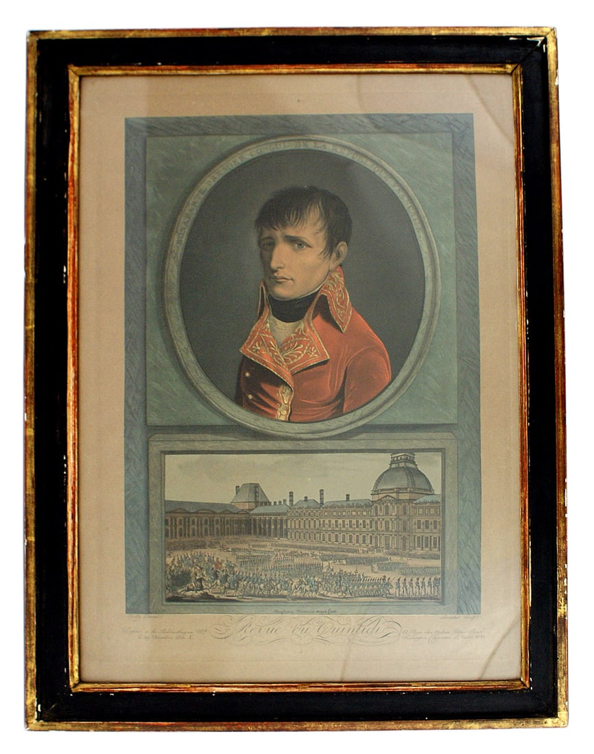 French print of young Napoleon: L-030 Early French print of a young Napoleon. Portrait of subject wearing a red tunic with gold decorated lapels and collar. Also, with a large view of the French Army on review, with all it's compone