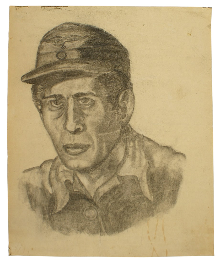 German WWII charcoal drawing Luftwaffe EM: G-004 An original charcoal/drawing of a war weary Luftwaffe enlisted man. Subject is wearing an M43 type hat with an eagle/swastika and rosette. The uniform appears irregular with a wrinkled collar op