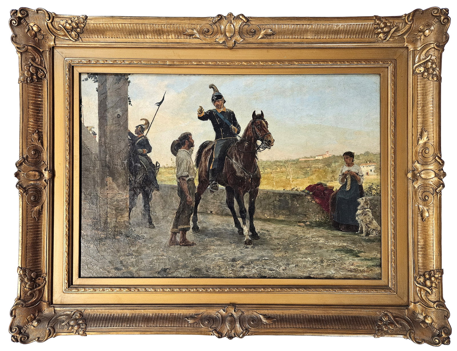Italian oil on canvas Royal Piedmont Cavalry officer: G-010 Quality turn-of-the-century Italian military oil on canvas. Well presented central focus of a mounted Royal Piedmont Cavalry officer asking a puzzled peasant for directions. The officer is weari