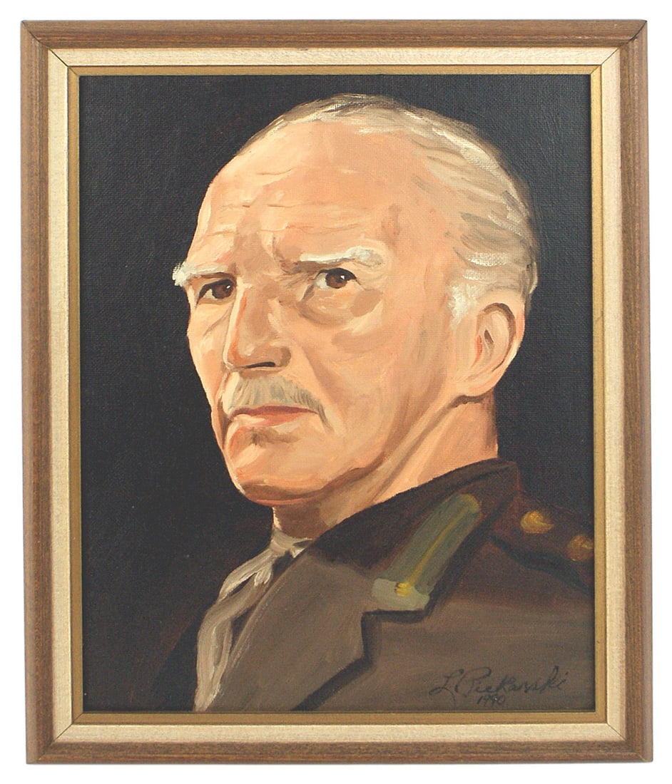 Portrait of British WWII General officer: G-012 Portrait of an unknown WWII British General Officer. Well done presentation of the experienced subject with a serious expression signed "L. Piekarski". Framed. 13 1/2" x 10 1/2". Excellent. I