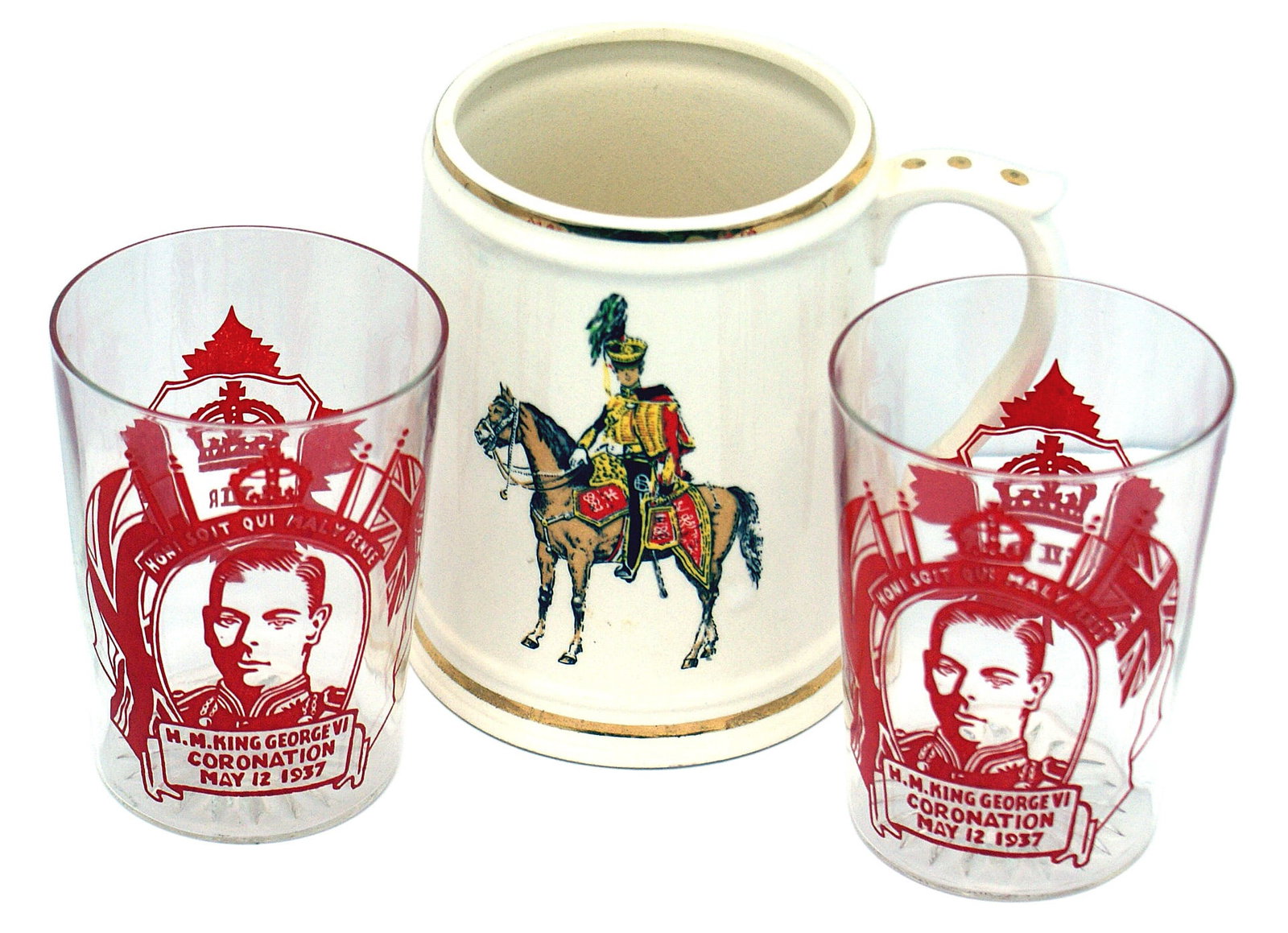 3 British Hussar mug GEORGE VI CORONATION glasses: G-013 Lot of 3 British souvenir items: (1) White glazed ceramic mug. Colorful mounted Victorian Hussar in full regalia. Gilt band around the top and base. Bottom marked with a circled "C" and "Enesco"