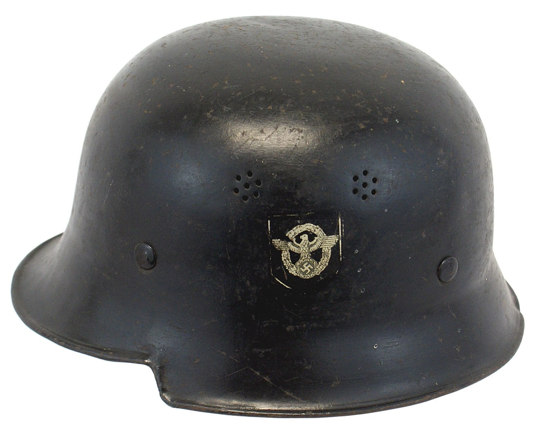 German WWII Civil Police helmet: E-027 Third-Reich Civil Police heavier gauge double decal helmet. Double punched air vents. 75% of the black finish remains - mainly shows scuffing. Police eagle/swastika/wreath on black shield would 