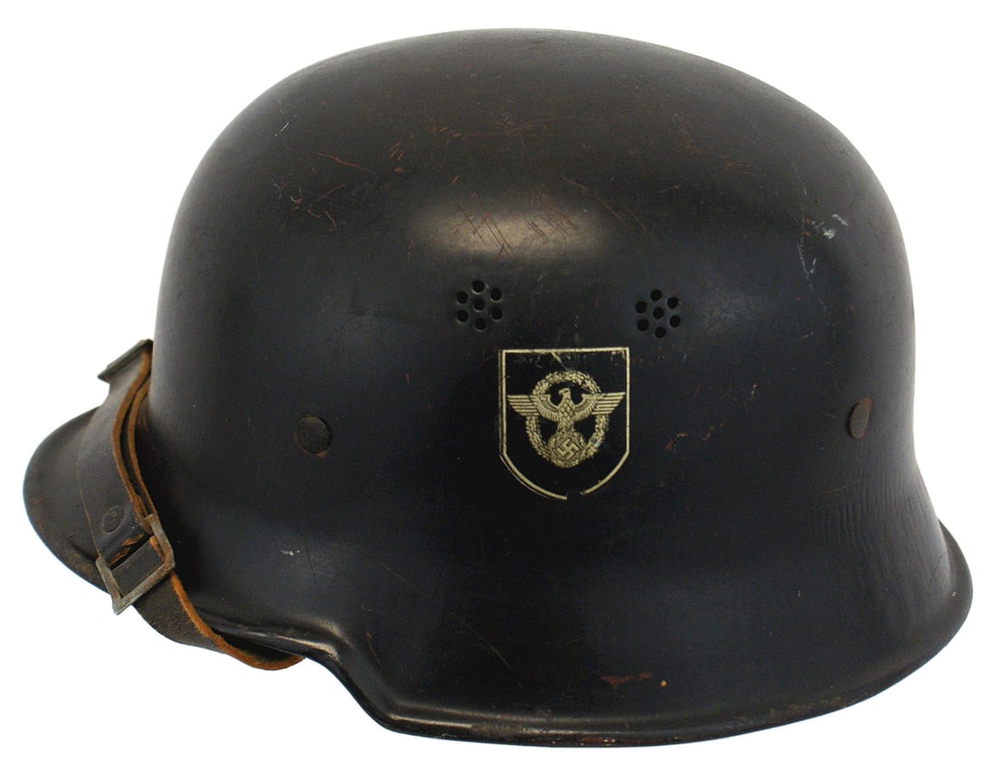 German WWII Civil Police helmet: E-028 Third-Reich Civil Police double decal helmet. Lightweight black body with a Police eagle/swastika/wreath on a black shield and a black swastika on a white circle on a red shield decal. 90% black