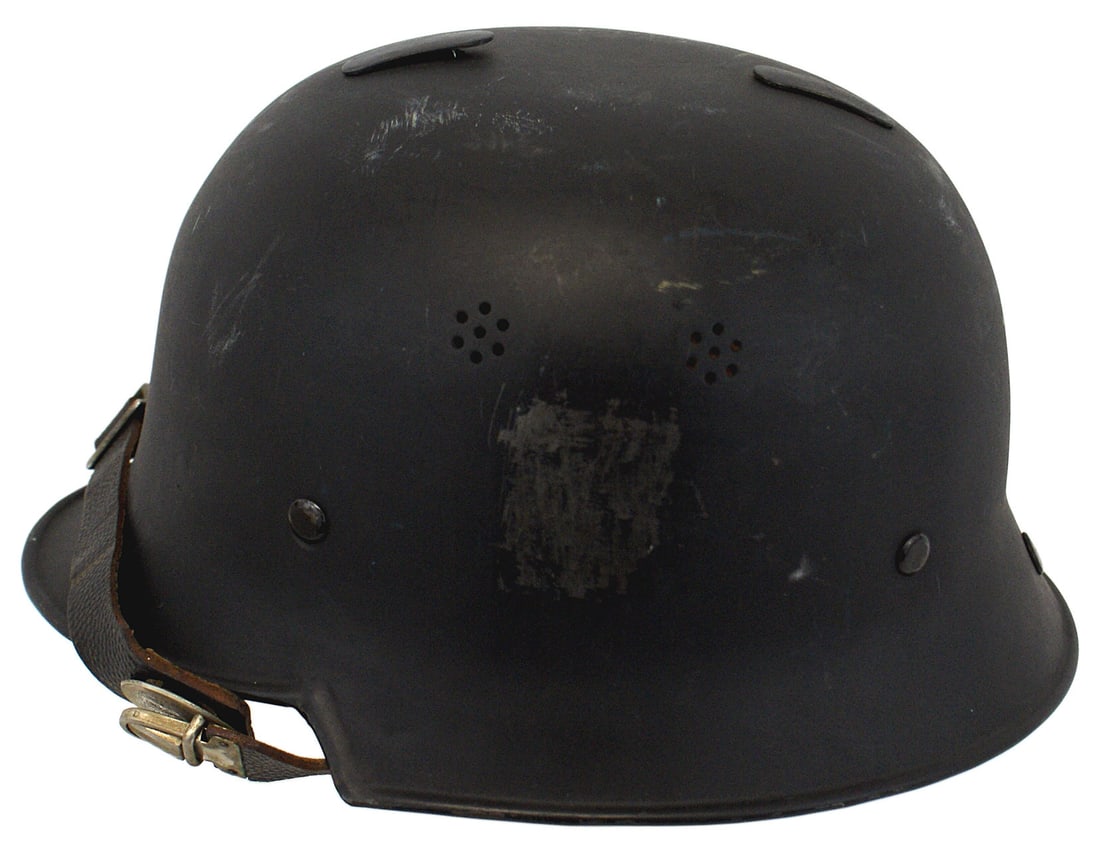 German WWII Fire Police helmet Civil style: E-029 German Third-Reich Fire Police helmet. Civil style with "punched" air vents. Flat black finish. Both decals were scratched off. Two rectangular "plugs" in top slots that originally held on alumi