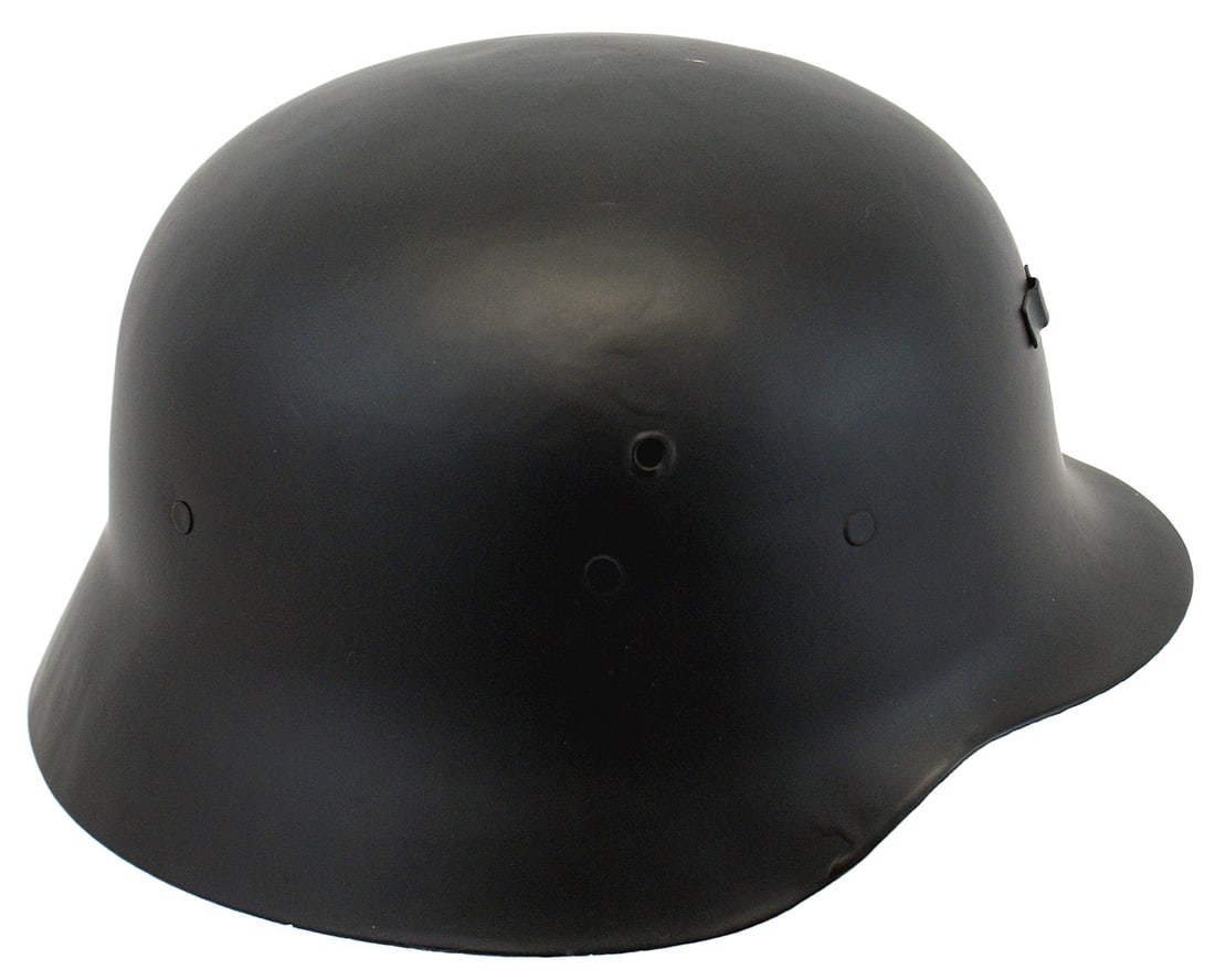 Spanish helmet German WWII M1942 helmet: E-031 Spanish copy of the German M1942 helmet. Dark O.D. finish. Higher air vents, 7 studs for holding liner and an applied flange is used to attach a brass Spanish eagle insignia (not included). Leat