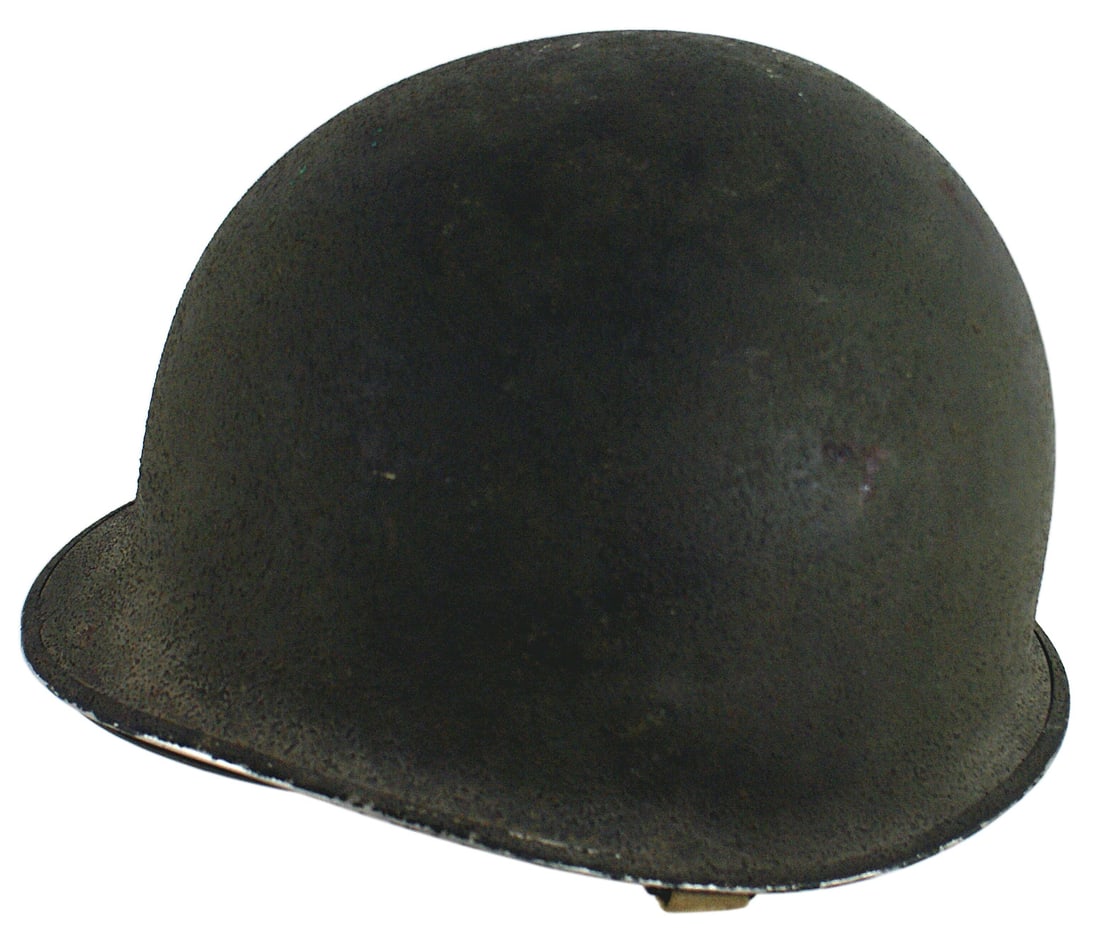 US WWII M1 sand finish helmet: E-058 US WWII M-1sand finish helmet. Fixed bale, with a front seam. Web chinstrap shows some sear. Fiber liner with leather and cloth liner straps. Dried blood splatter on back straps. II