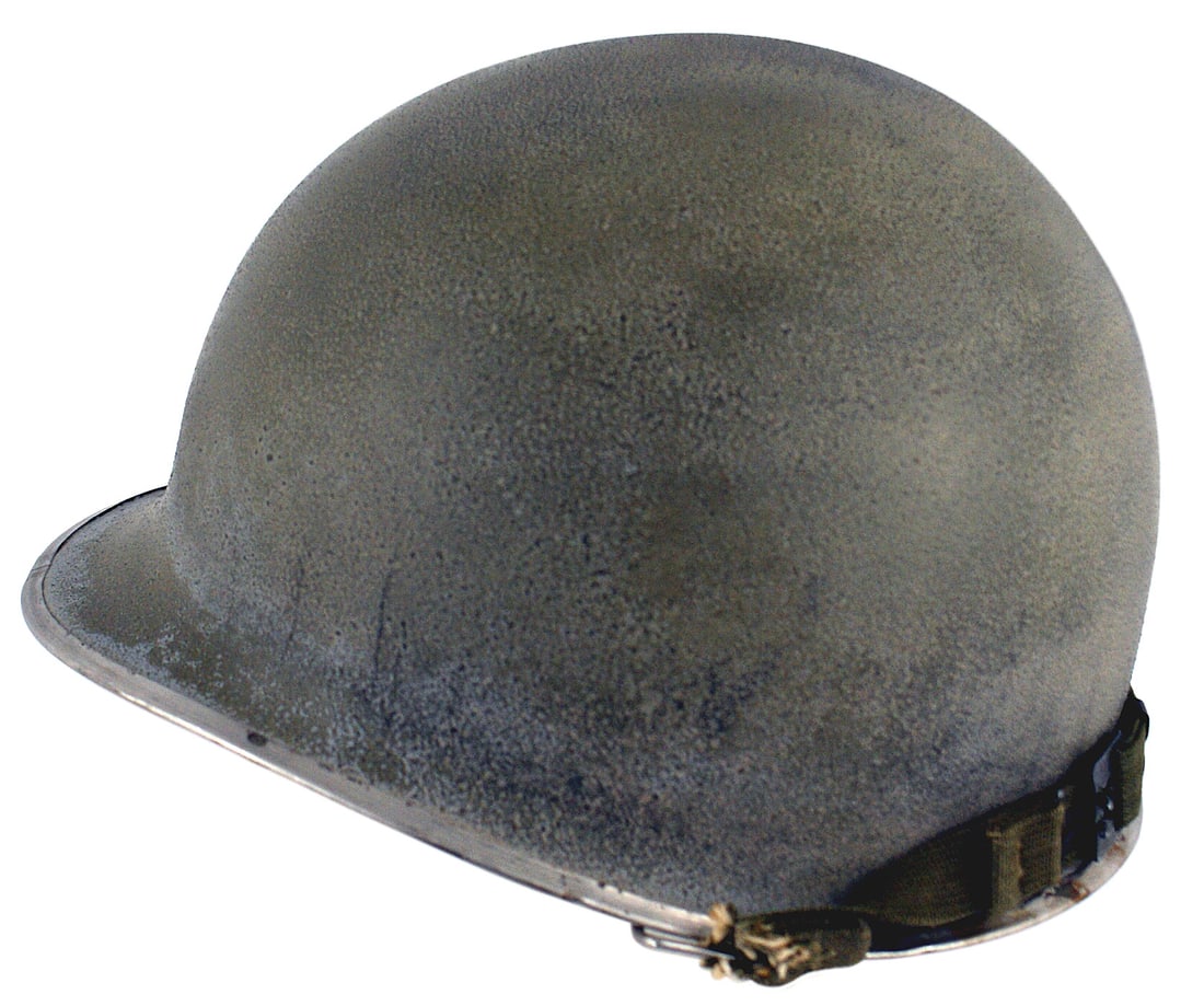 US WWII green sand finish helmet: E-060 US WWII green "sand finish" helmet (some wear). Split front seam, swivel bale. With a fiber liner with at least two layers of white paint and a repair where paint was removed. II-