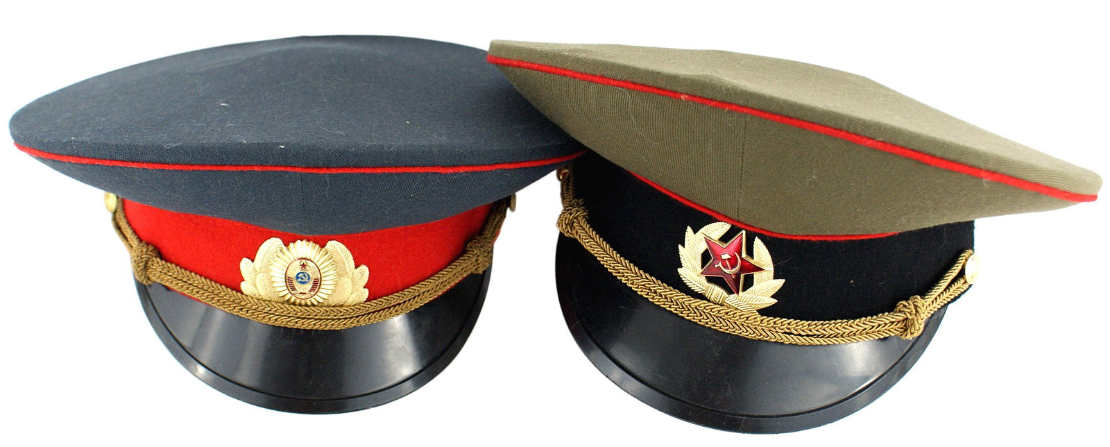 Lot of 2 Soviet Russian dress peaked caps: E-087 Lot of 2 Soviet Russian dress peaked caps: (1) Army officer - O.D. body with a black band and red piping. Black plastic visor, gold braided chincord and gilt wreath with a large red enamel star.