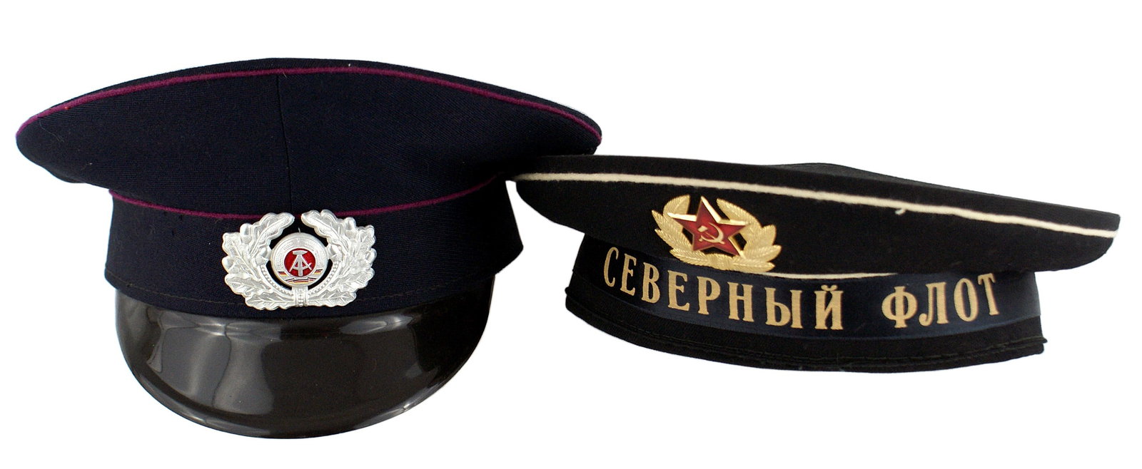 Lot of 3 Russian Navy sailor cap DDR etc: E-090 Lot of 3 Iron Curtain items: (1) Russian Navy sailor's cap. "Donald Duck" type. Black with white piping and a silk "Soviet Northern Fleet" cap tally. (2) DDR (East Germany) Fire Police peaked ca