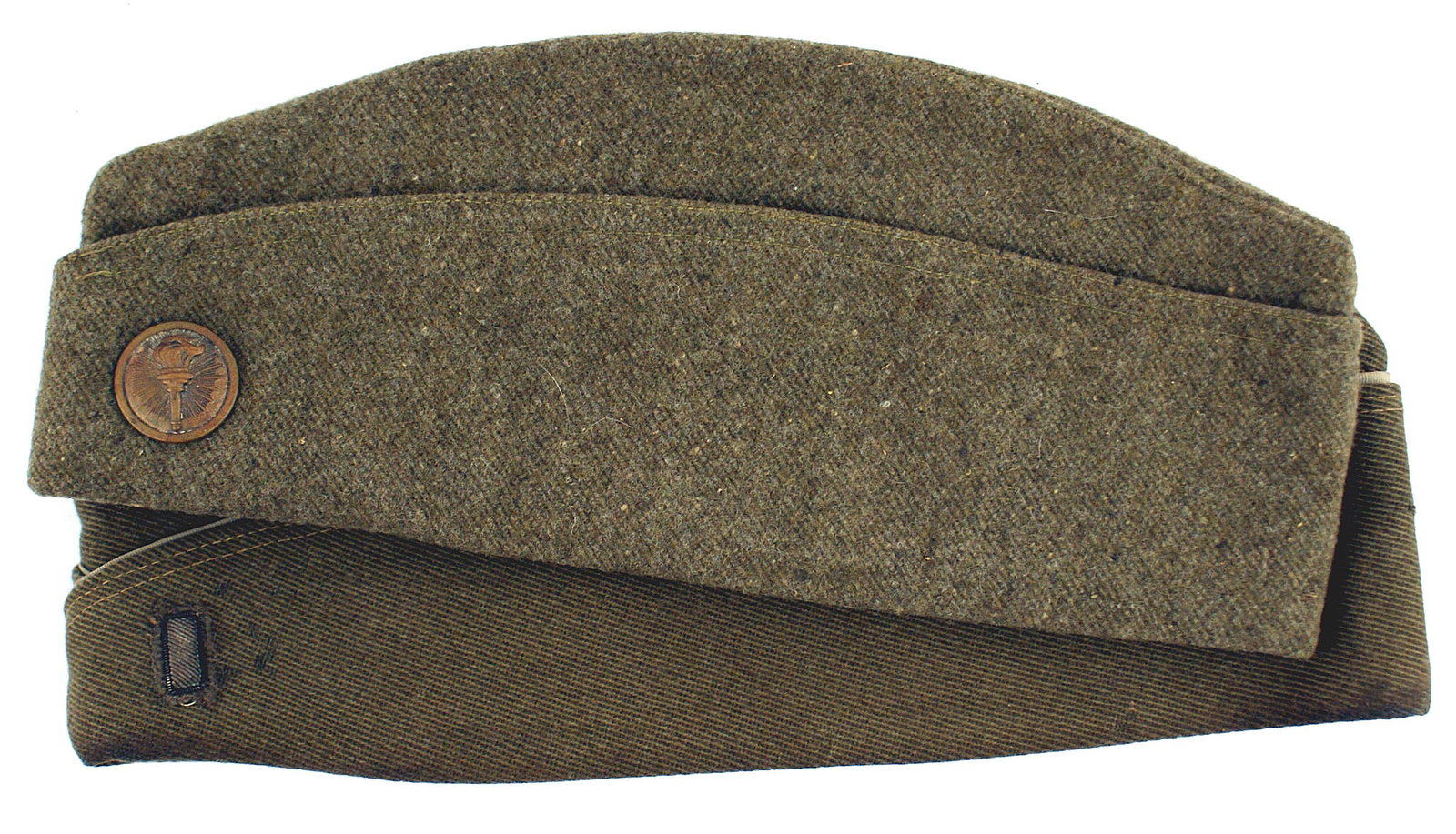 Lot of 2 US Army WWI overseas caps: E-097 Lot of 2 US Army WWI o'seas caps: (1) E.M. O.D. wool with a metal collar disc bearing a torch. Sweatband with sew-in cloth "FRANK & DUNN" maker's label and typed oil cloth label. (2) Infantry of
