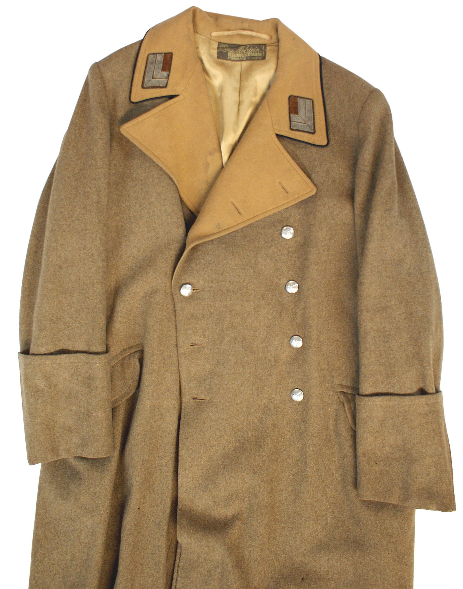 German WWII NSDAP Political Leader overcoat: F-001 German Third-Reich N.S.D.A.P. Political Leader overcoat. Golden-brown wool with light-brown collar/wide lapels, 2nd pattern, Kreis Level collar tabs (two darkened rust-brown velvet collar tabs w