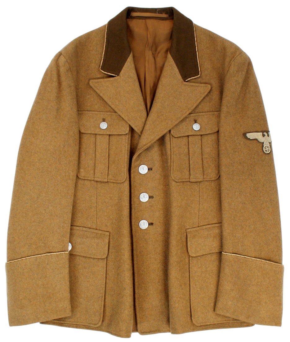 German WWII Government Official uniform: F-002 German Third-Reich Government Official's uniform worn when representing Germany on a diplomatic level. Gold brown wool with a silver cord piped brown collar with open lapels. Four pockets with f