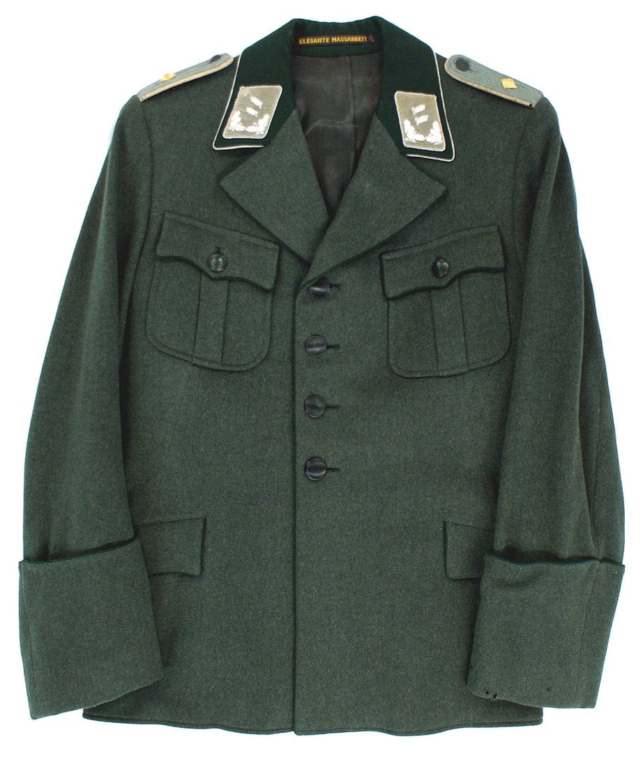 German WWII Army Forestry service tunic: F-003 German Third-Reich Army Forestry Service tunic. Fine quality green wool four-pocket with open lapels, a twisted silver piped dark green collar and dark green piping. Slightly convex black button