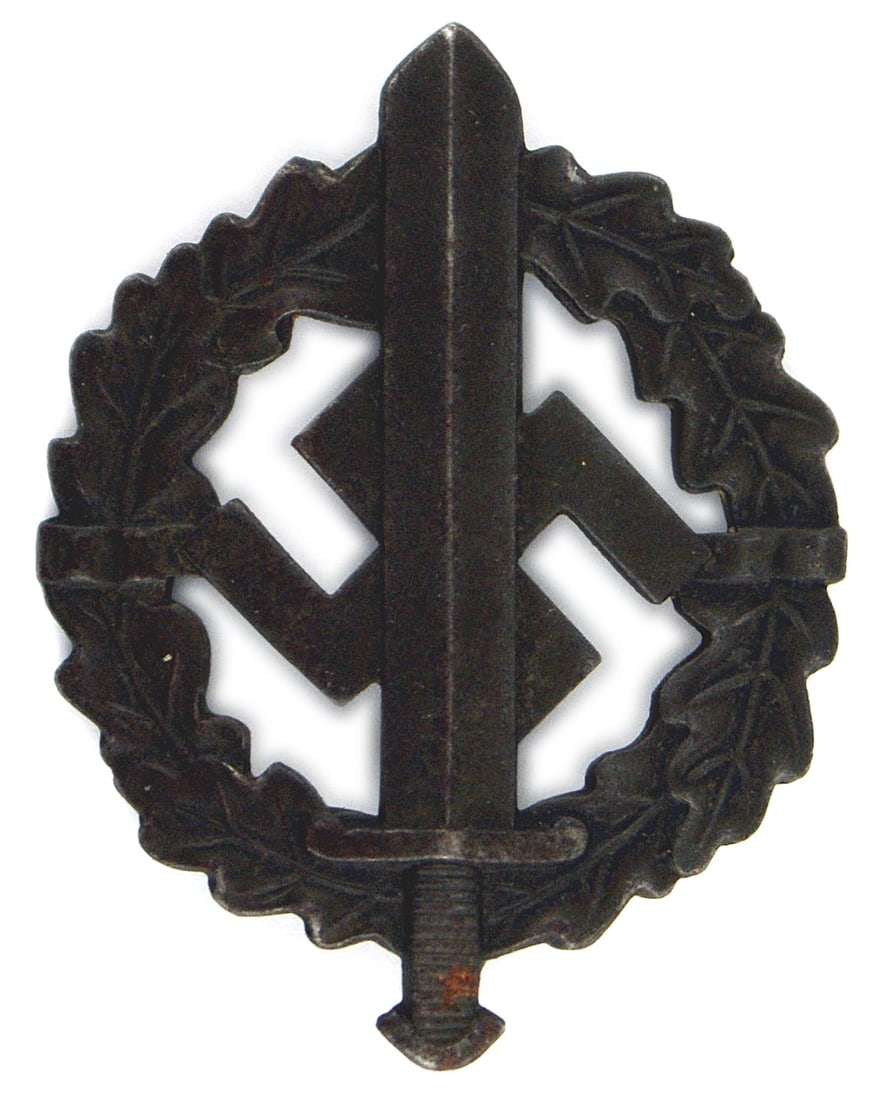 German WWII SA Sports Badge Bronze: B-034 German Third Reich SA Sports Badge. Bronze. Numbered. Second version 1935-1938. Broad sword and swastika on an open oak leaf wreath. Reverse: "EIGENTUM D. S. A. SPORTABZ". Numbered "897837". II