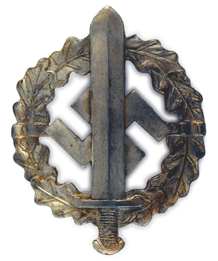 German WWII SA Sports Badge Silver: B-036 German Third Reich SA Sports Badge - Silver. Type III. Broadsword and swastika on an open oak leaf wreath. Reverse: "W. REDO - SAUERLAUTERN" and "EIGENTUM OBRSTE S. A. FUHRUNG". Reverse shows so