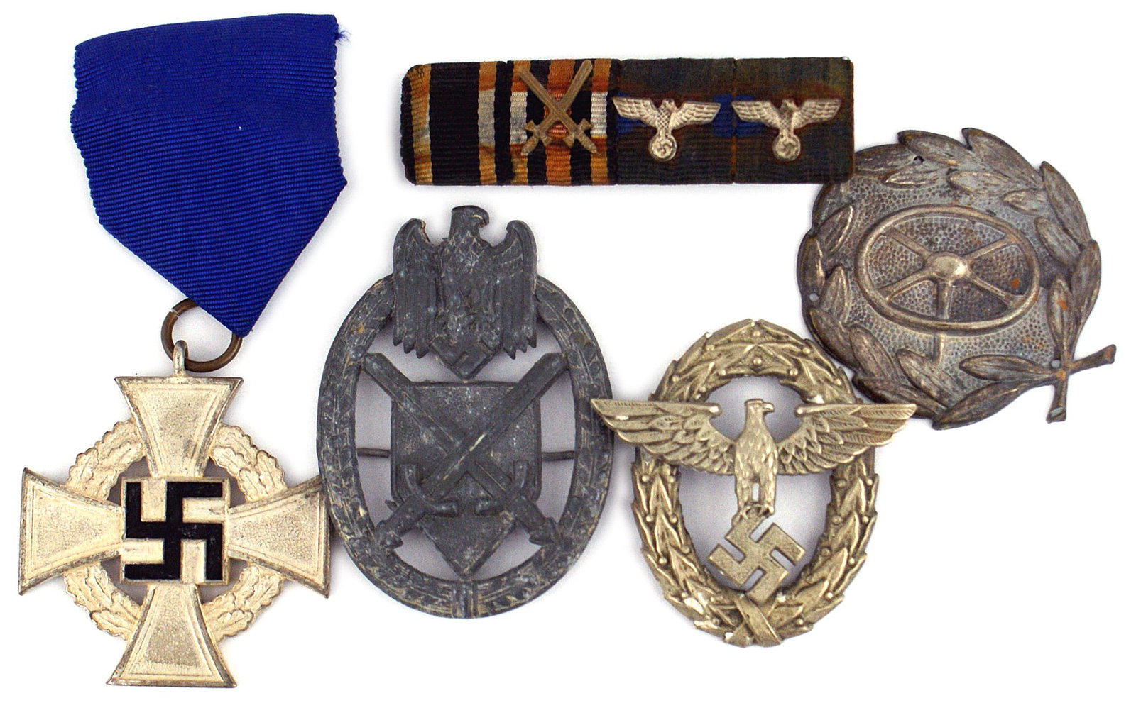 German WWII awards Service Cross cap badge lot: B-043 Lot of German WWII awards/insignia: (1) Faithful Service Cross 25-yr. - Silver. Black enameled swastika on center of silver cross. Blue ribbon. (2) Motor Vehicles Driver's Badge - Bronze. Round 