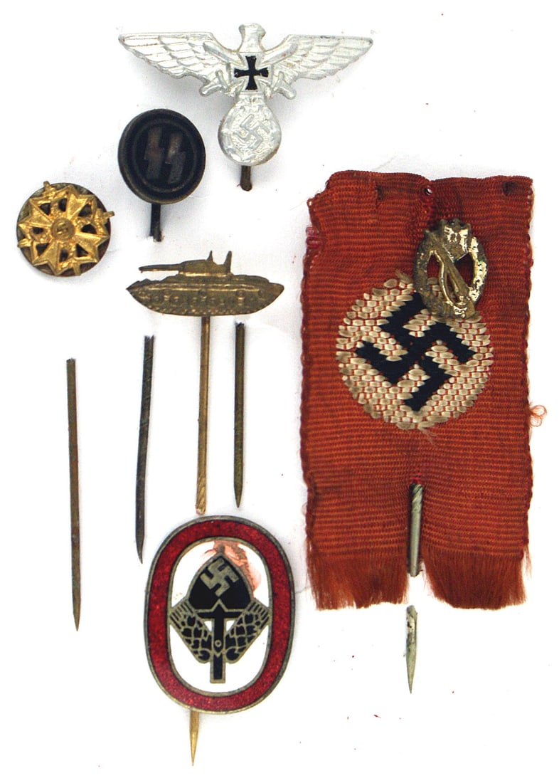 German WWII lot of 6 stickpins Veteran SS etc: B-109 German Third Reich lot of 6 stickpins: (1) Veterans - eagle with crossed swords and Iron Cross. (2) Spanish Cross with Swords - Gold. (3) SS member. SS runes on black enamel. (4) profile of a pa