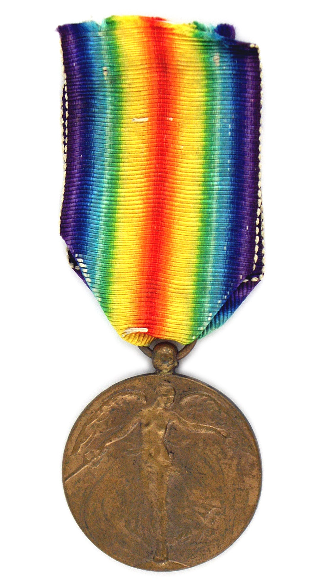 Belgium WWI Victory Medal: B-122 Belgium WWI Victory Medal. Bronze. Obverse: Allegorical nude winged figure holding a sword and a laurel wreath. Reverse: Nine national shields, of Allied victors, in a circle surrounding the cro