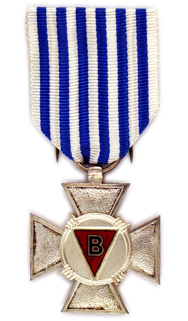 Belgium WWII Concentration Camp Survivor Medal: B-123 Belgium. WWII Concentration Camp Survivor's Award. Silver Maltese Cross with a stippled finish. Inverted red enamel triangle, with a letter "B" in center. Reverse has a black enameled center wit