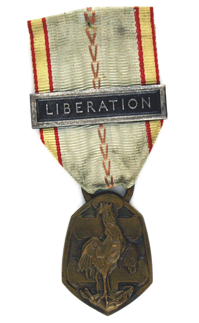 France WWII bronze medal French Resistance: B-139 France. Bronze medal to honor military personnel and members of the French Resistance who served between 1939 and 1945. With a "LIBERATION" bar on the ribbon awarded for specific operations in C