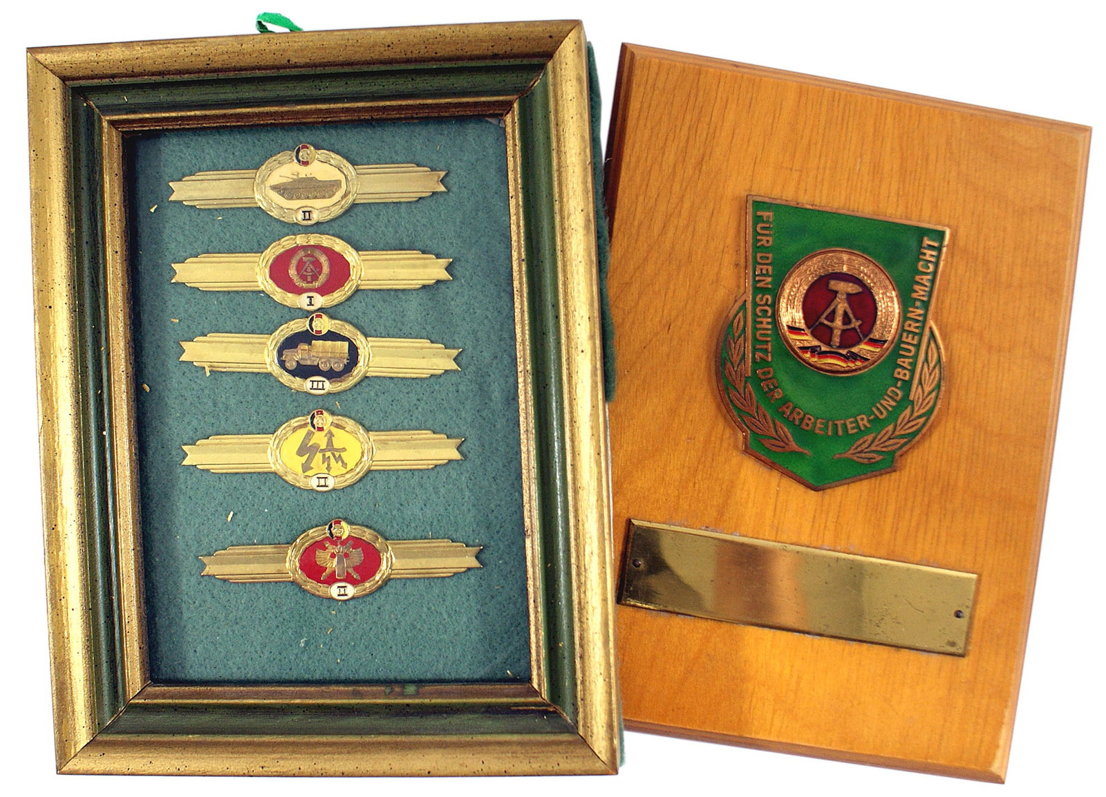 Group of DDR East German awards BUCHENWALD: B-142 Group of DDR (East German) awards: (1) 1958 Commemorative Badge for K.Z. "BUCHENWALD". With flags of 18 nations (not U.S).. (2) All three Pestolozzi Medals for Education - 10yr., 20yr. (3) Frame