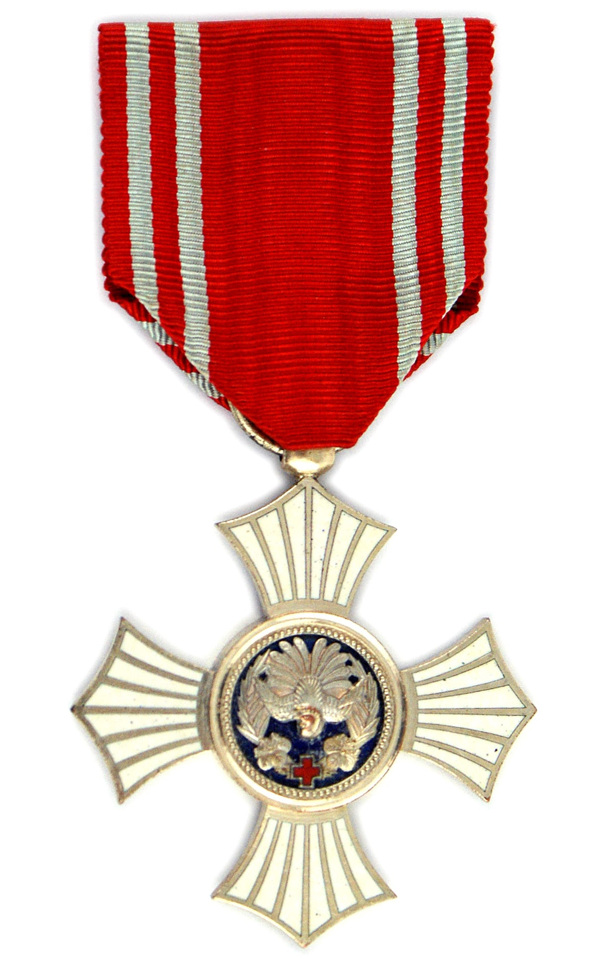 Japan Red Cross Order of Merit 1888: B-156 Japan Red Cross Order of Merit. Established in 1888. White enameled Geneva Cross with a round center panel holding the Paulownia, bamboo and the "ho - o" bird. With original ribbon. I
