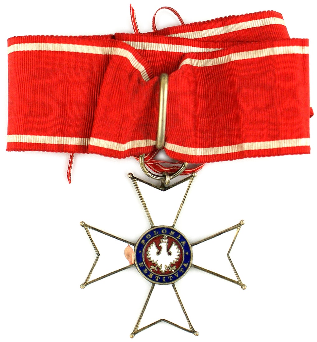 Poland Order Polonia Restitua 1920 Grand Cross: B-173 Poland. Order of the Polonia-Restitua 1920 Grand Cross. White enamel arms with ball tips. Center has blue enamel ring around a red field and a crowned white enameled eagle. Reverse has plain gol