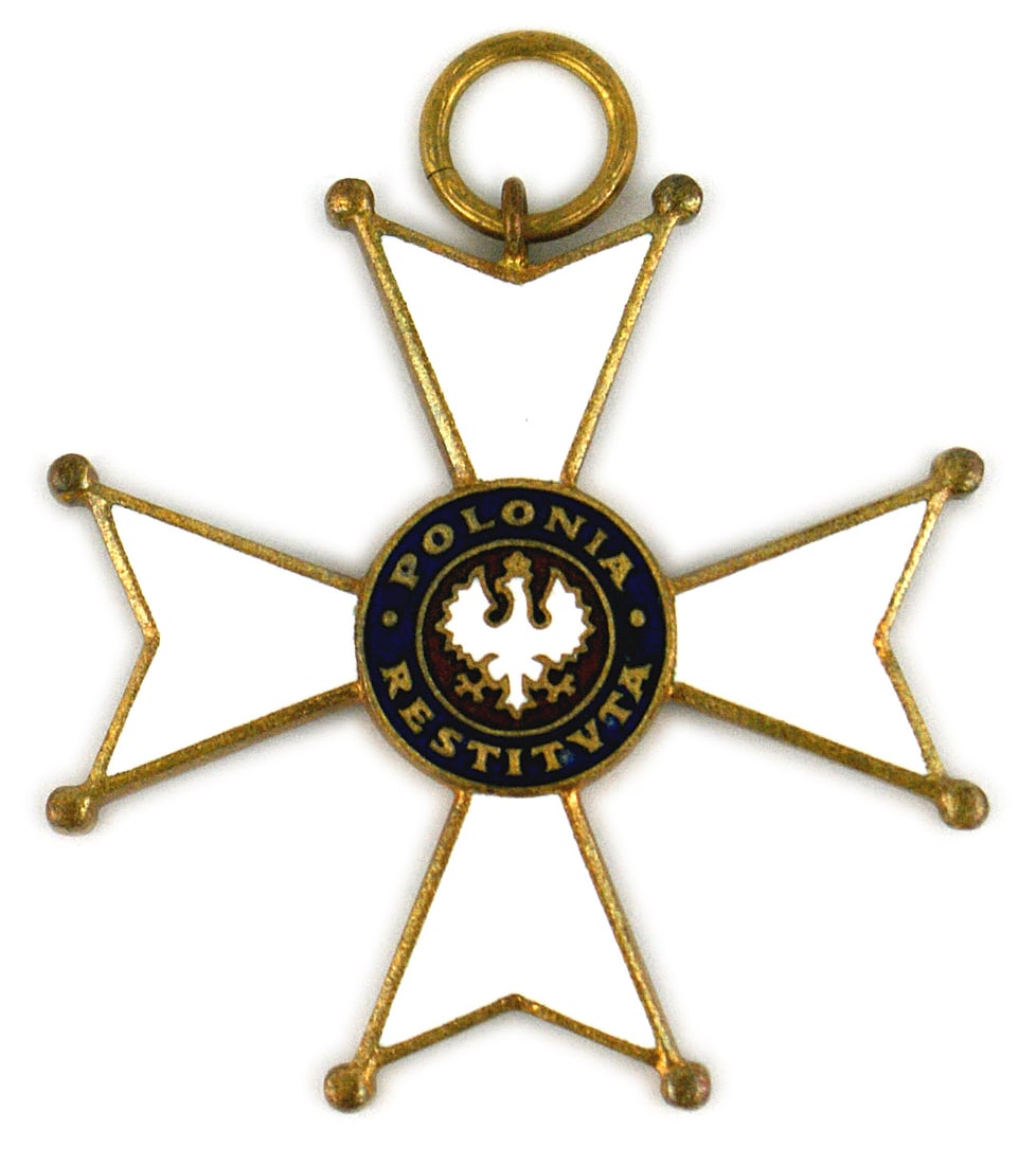 Poland Order Polonia Restituta 1918 Commander Cross: B-174 Poland, Order of the Polonia-Restituta 1918 Commander's Cross 3rd Class white enamel arms with ball tips. Center has blue enamel ring around a red field and a crowned white enameled eagle. Rever