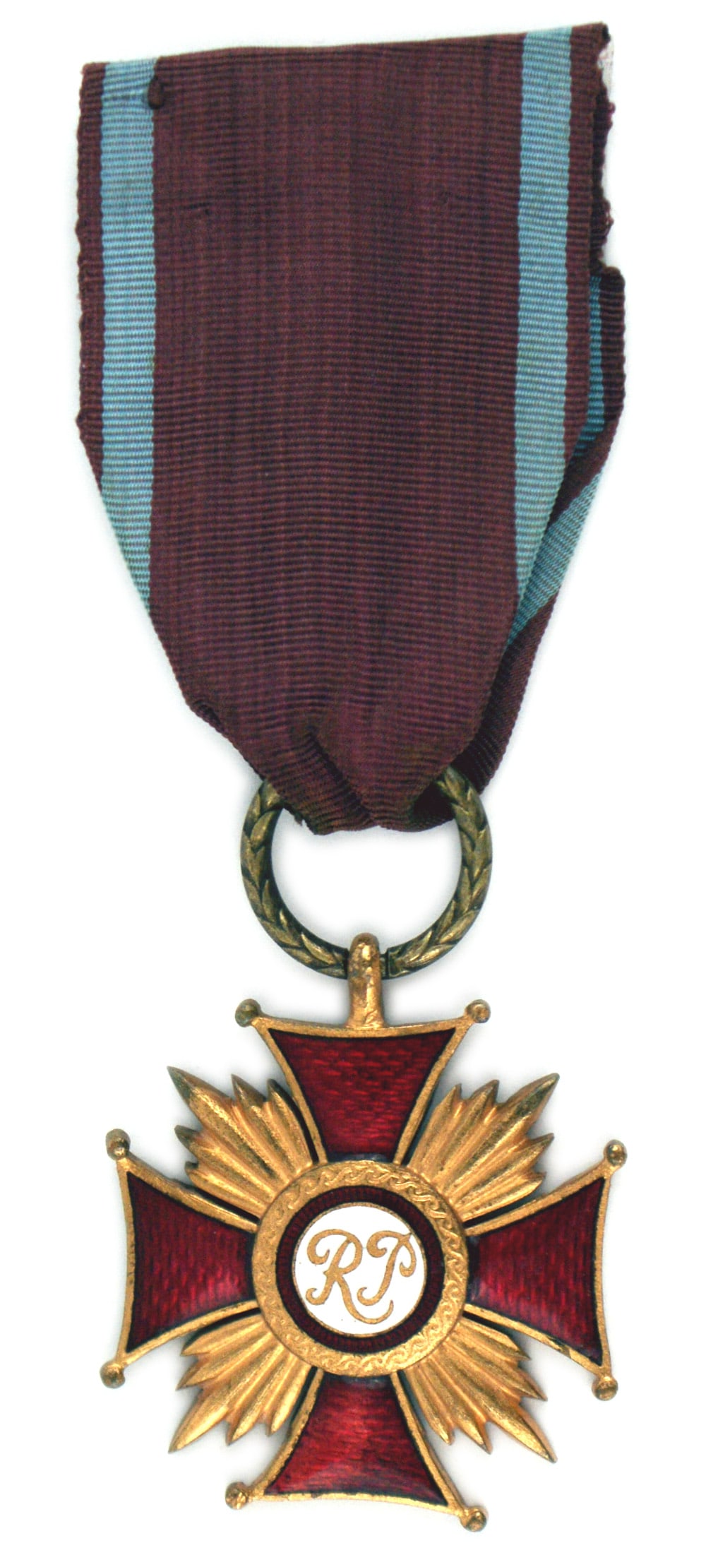 Poland Cross of Merit Gold 1st Class: B-175 Poland. Cross of Merit Gold - 1st Class. Pre-War with cut-out rays between the red enameled arms of the cross. White enameled disc with ""RP" on center, Detailed leaf pattern suspension ring. Ex