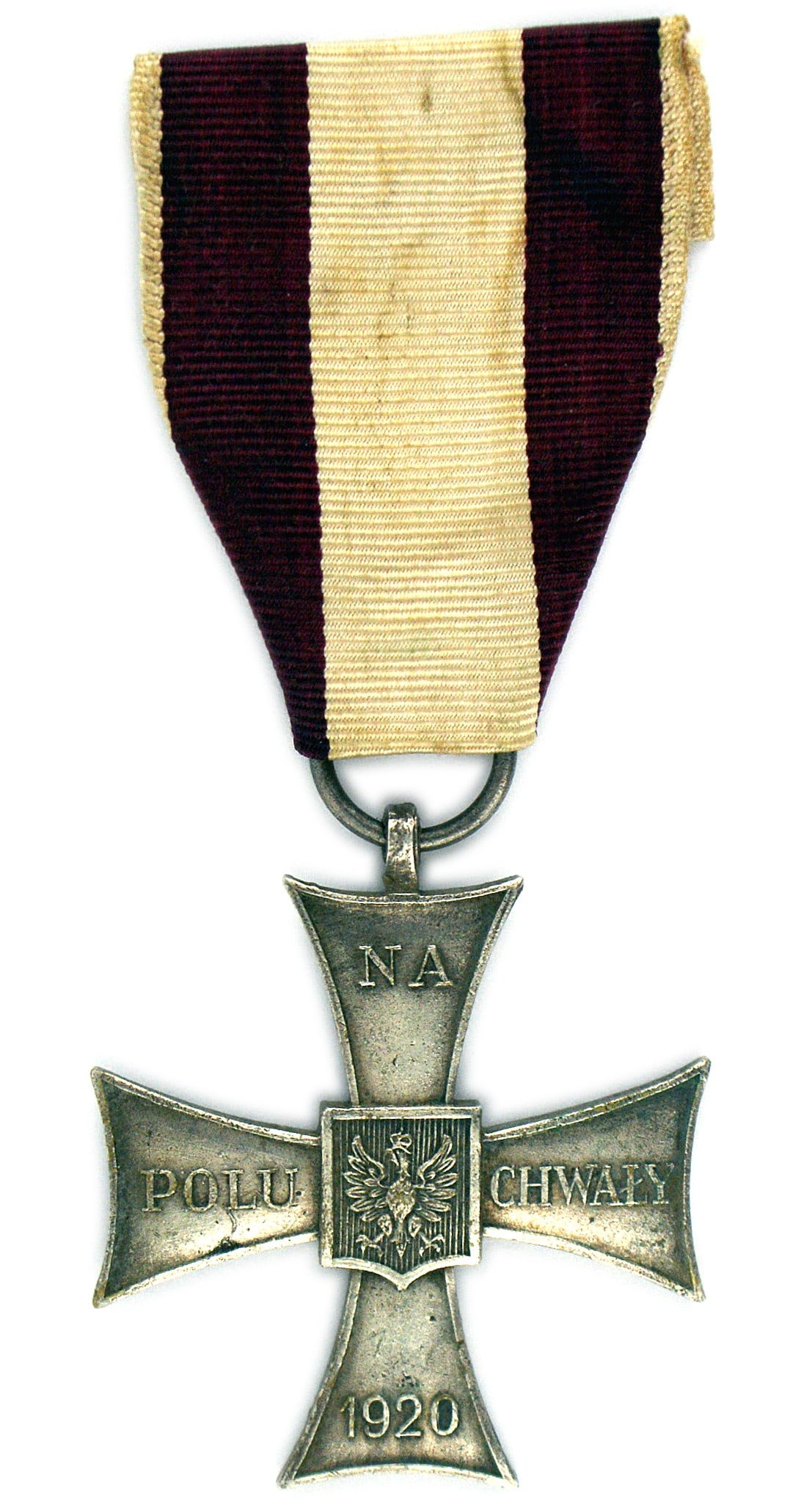 Poland Cross of Valor 1920 Type II cross: B-185 Poland Cross of Valor 1920 - Type II. Silvered cross with "1920" and "ON THE FIELD OF GLORY". Polish eagle in center, white ribbon with purple border stripes. II