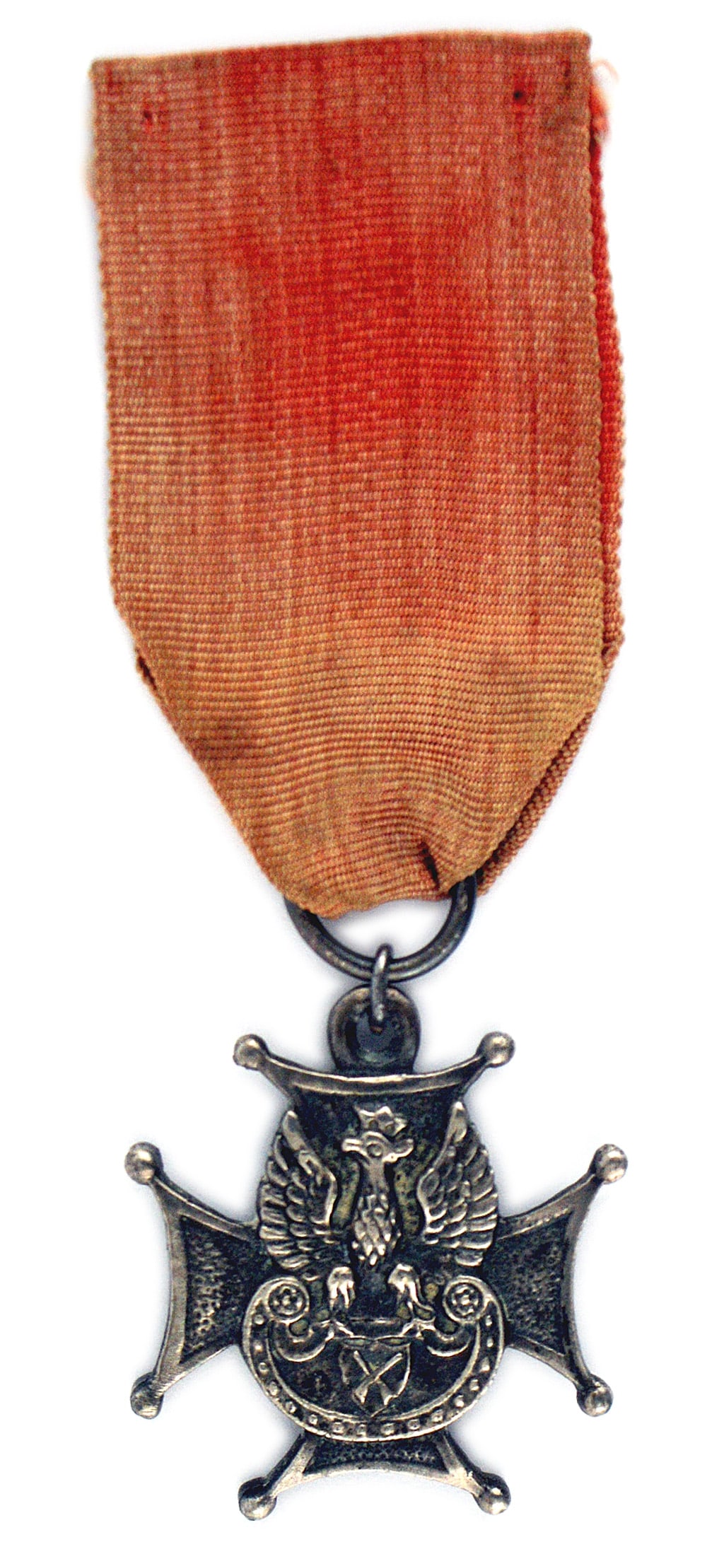 Poland Volunteer Army silver cross: B-186 Poland Volunteer Army - Silver. Ball tipped cross with Legion crowned eagle. Crossed rifles in shield below eagle. Reverse is concave with engraved crossed rifles, "AO" and "1920". Red ribbon ha