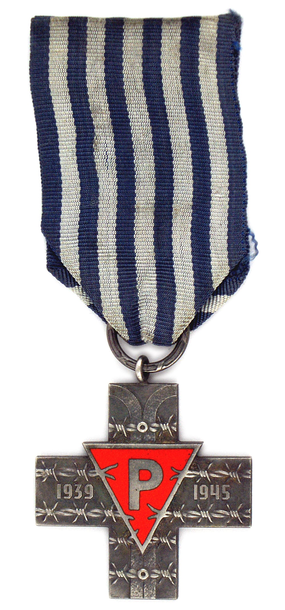 Poland Cross Nazi Concentration Camps: B-196 Poland. Cross for former inmates of Nazi Concentration Camps. Darkened silver cross with strands of barbed wire, "1939-1945", and a red enameled inverted triangle with "P". Reverse has "RP" and 
