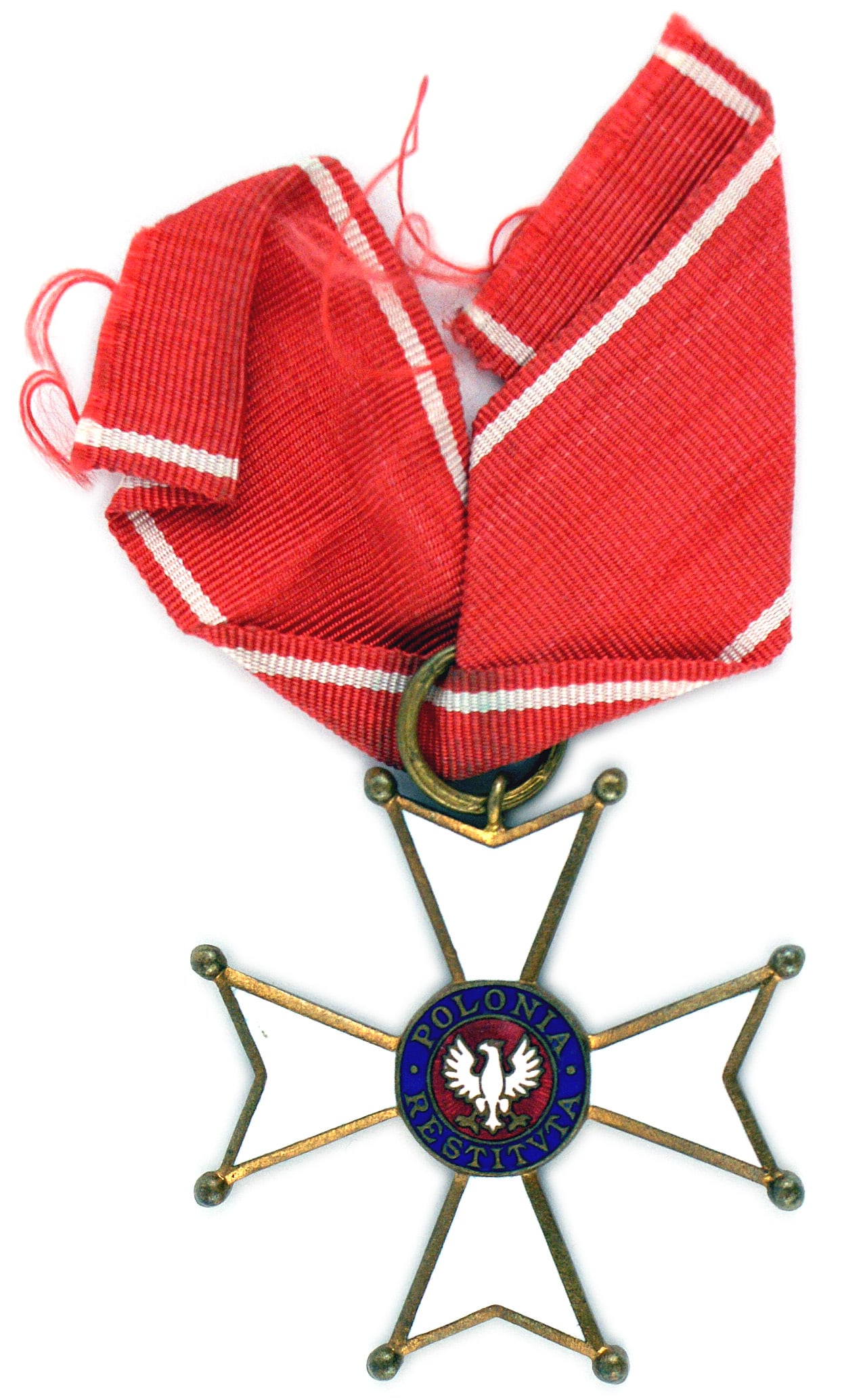 Poland Order Polonia Restituta 1944 3rd Class Cross: B-198 Poland. Order of the Polonia Restituta 1944 3rd Class Cross. White enameled arms with ball tips. Center has a blue enamel ring around a red field and a crowned white enameled eagle. Reverse has 