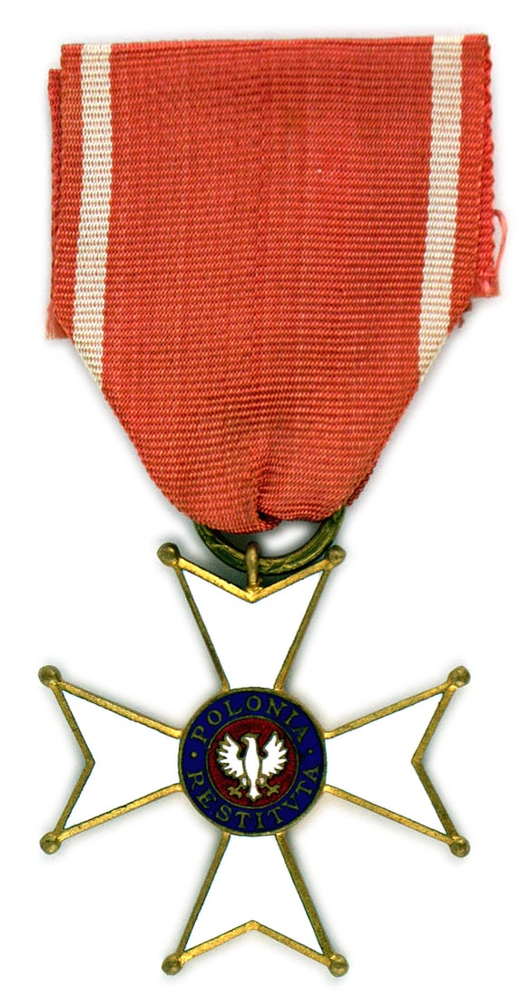 Poland Order Polonia Restituta 1944 5th Class Cross: B-199 Poland. Order of the Polonia Restituta. 1944 5th Class Cross. White enamel arms with ball tips. Center has blue enamel ring around a red field and a crowned white enameled eagle. Reverse has pla
