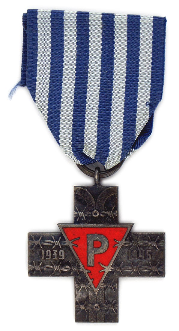 Poland Auschwitz Cross 1939-1945: B-202 Poland Auschwitz Cross. Inverted red enamel triangle with a "P", on a darkened silver cross, with strands of barbed wire and "1939-1945", Blue and gray striped ribbon, the colors of an inmate's 