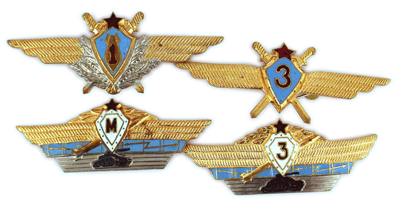 Soviet Russia gilt aviation wings: B-228 Soviet Russia gilt aviation wings with a number on an enameled shield: (1) Blue with "1" on a bomb and crossed swords. (2) Blue with number "3" with a tank. (4) White with "M" and a tank. I