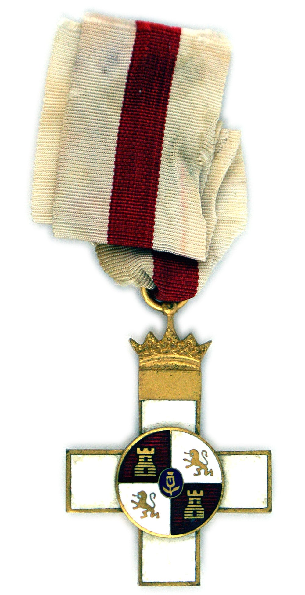 Spanish Order of Military Merit Medal: B-234 Spanish Order of Military Merit - Non-Combatant. Gold frame of cross holding a center red/white enamel roundel. Crown on gold extension on top of center arm. Cross white enamel. With original wh