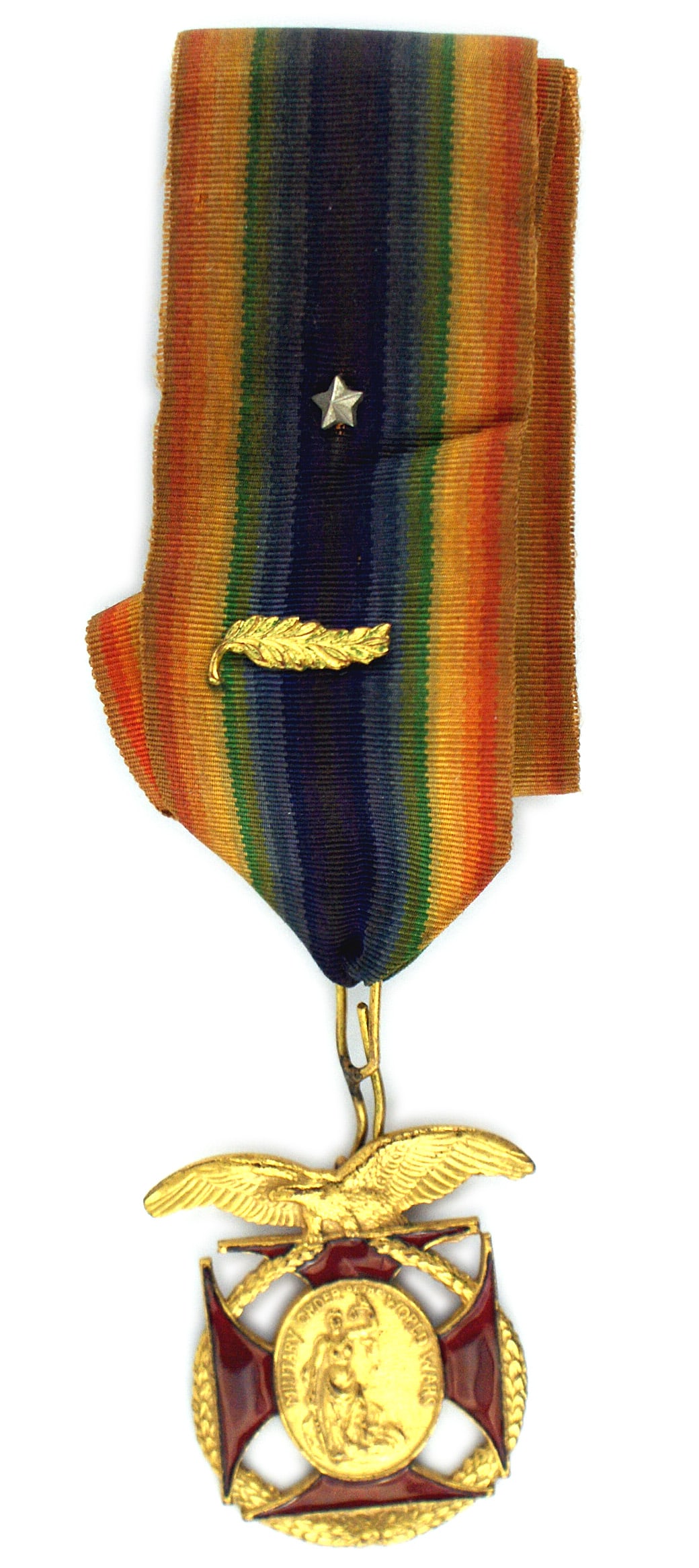 US MILITARY ORDER OF THE WORLD WAR badge: B-241 US "MILITARY ORDER OF THE WORD WAR" officer's badge - open gold laurel wreath holding a gold oval with a figure of "Justice" holding scales and a sword, on a red enameled cross. A spread winged 
