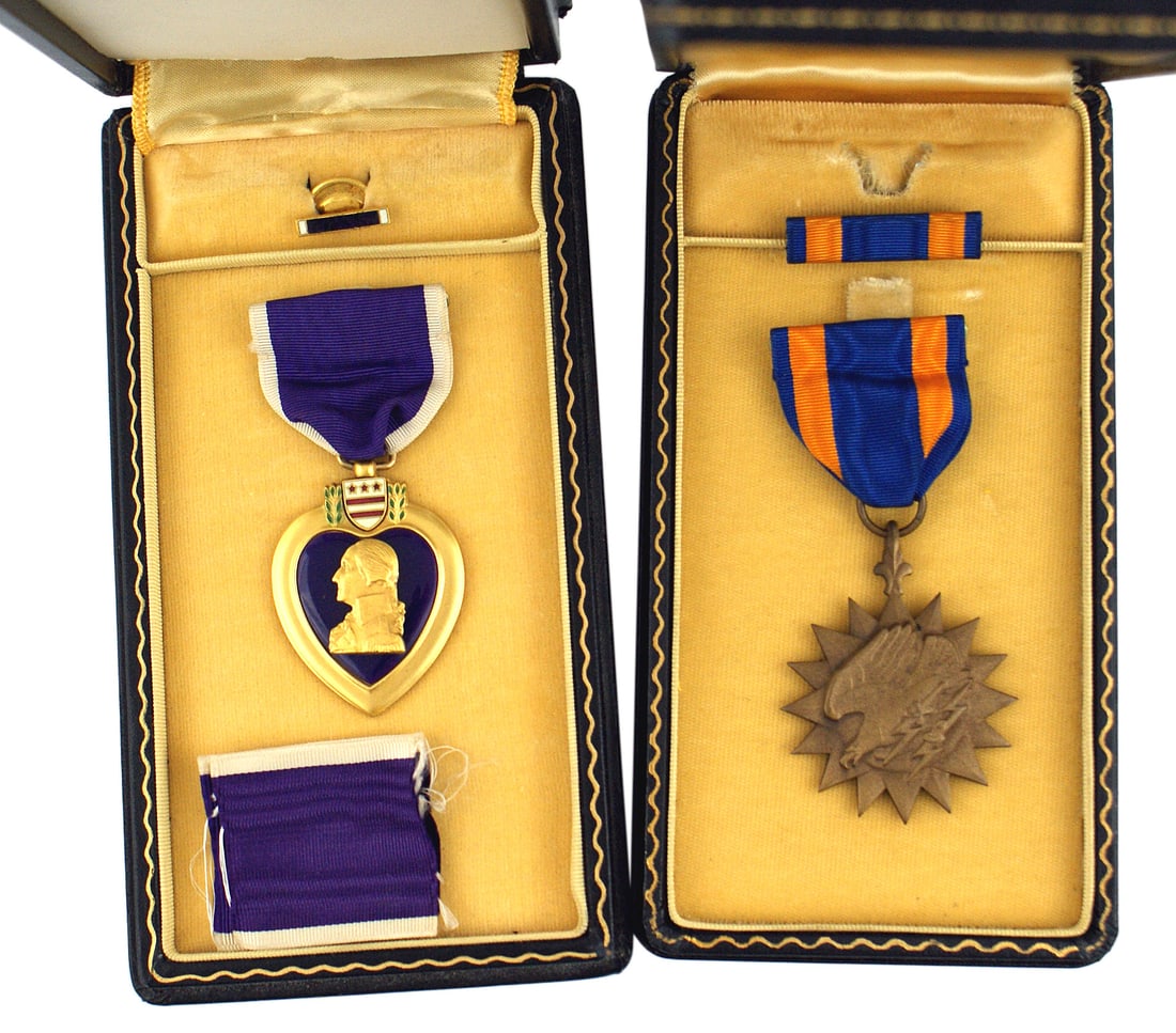 USAAF WWII Purple Heart Air Medal named: B-244 Group of WWII decorations/ephemera related to USAA Staff - Sergeant Martin Eugene Guyette, a waist gunner in a B-17 (731st Bomber Squadron, 452nd Bomber Group). (1) Cased Air Medal named to "S/S