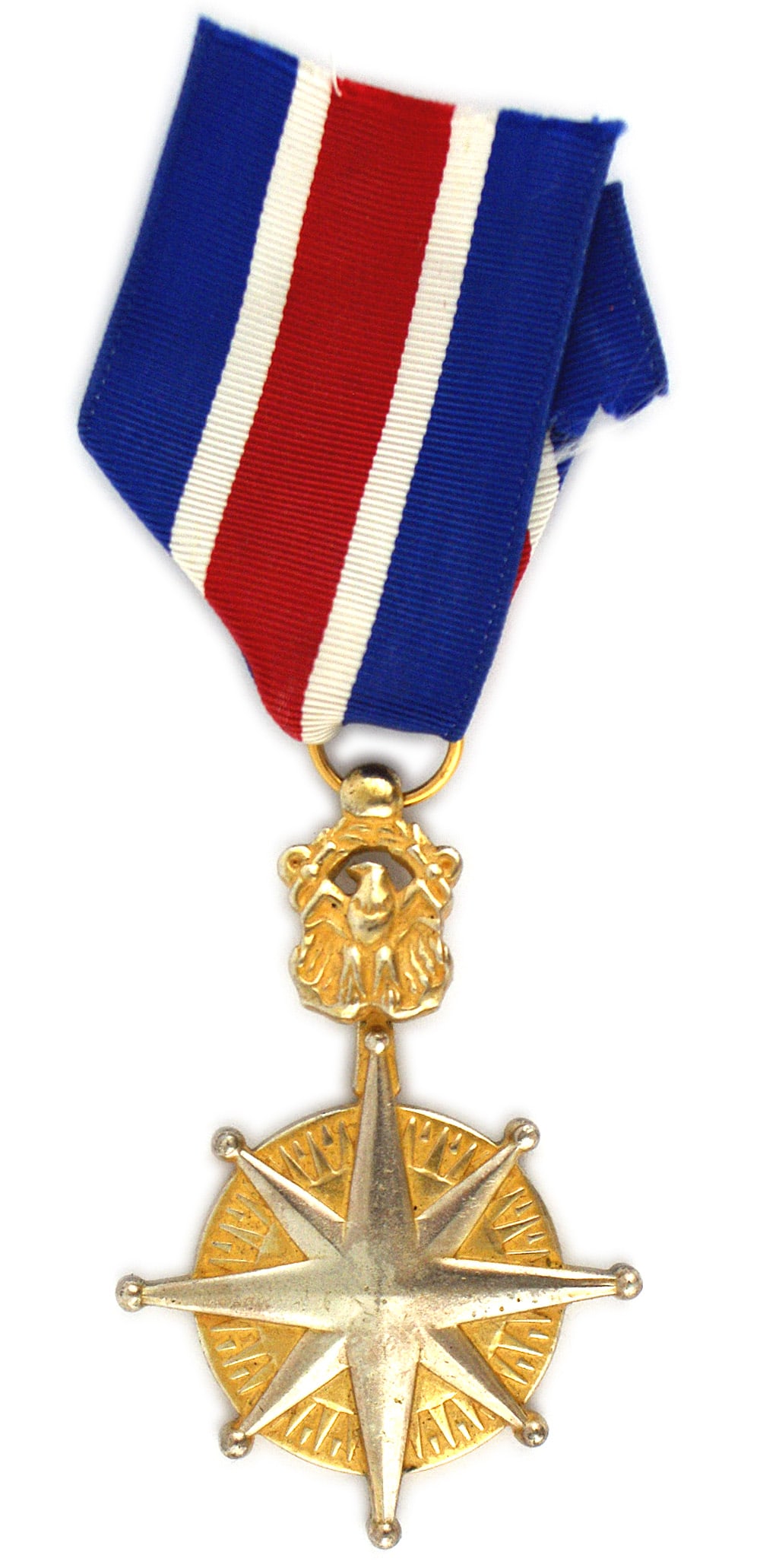 United States WWII Merchant Marine Service Medal: B-246 United States WWII Merchant Marine Distinguished Service Medal. Eight-armed silver star on a gold faced compass, is attached to an eagle suspended from a blue-white-red. White-blue ribbon. The h