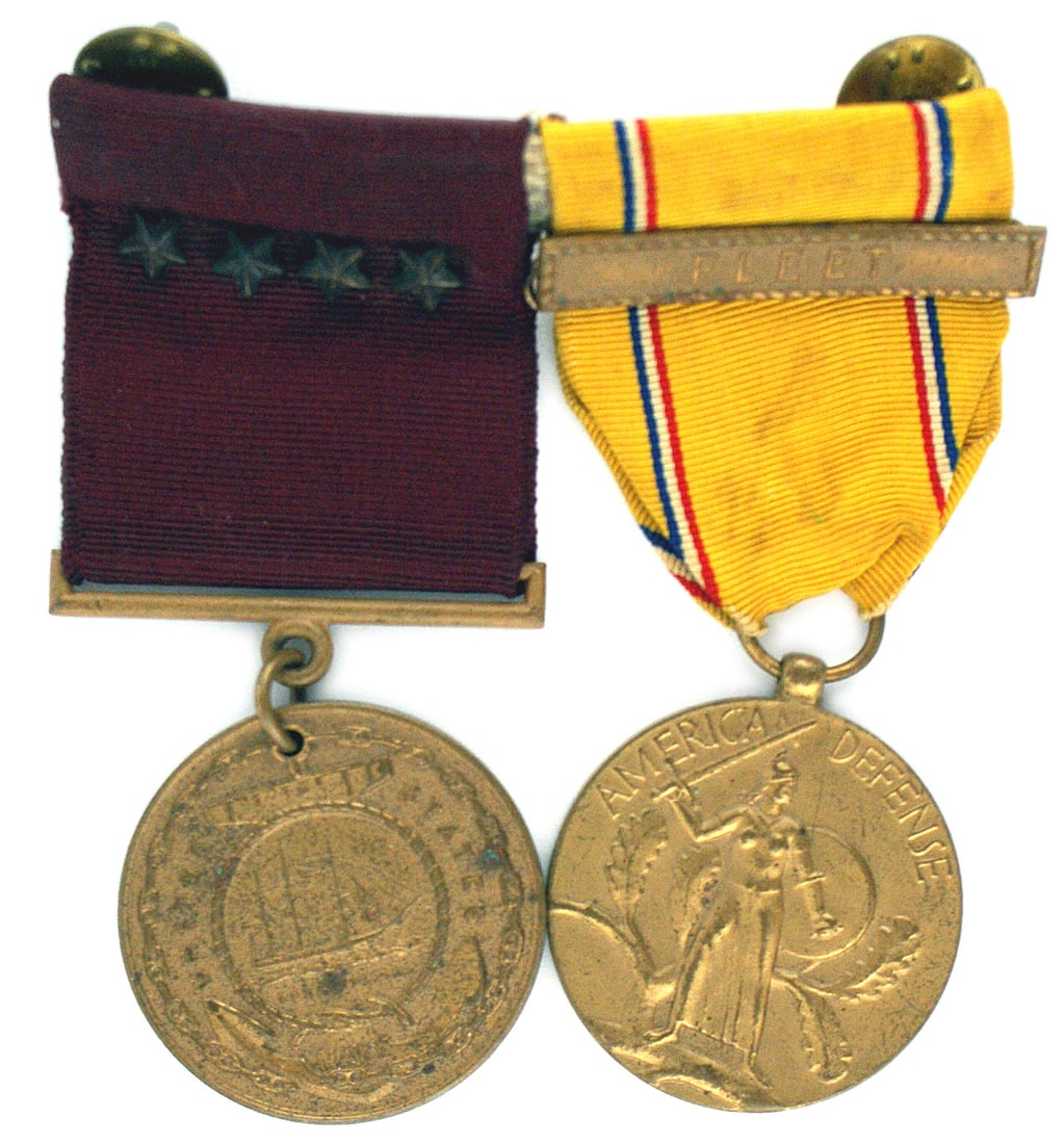 2 US Navy WWII medals Good Conduct DEFENSE: B-247 Lot of 2 US Navy WWII medals: (1) Navy Good Conduct Medal. Reverse engraved "JOE CONNALLY - MCCREIGHT 1944". Ribbon has four stars. (2) AMERICAN DEFENSE Medal. Ribbon has a "FLEET" bar. II