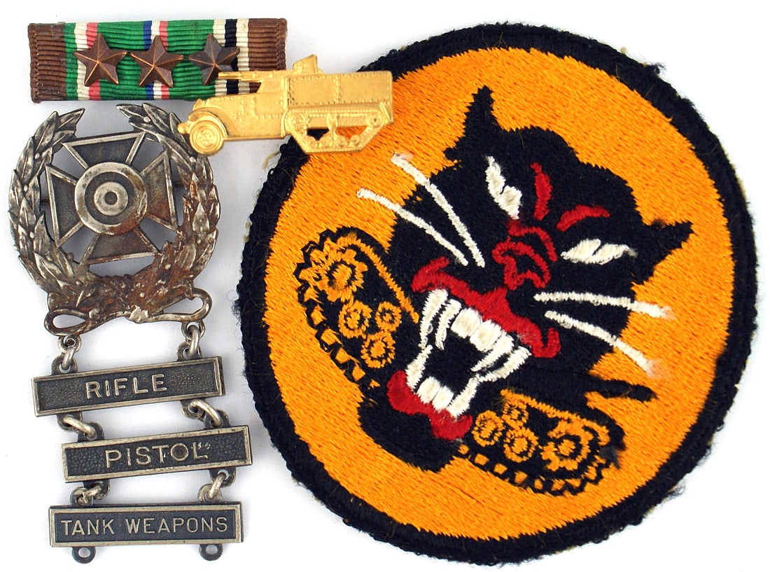 Lot of US WWII Tank Destroyer insignia: B-250 Lot of US WWII Tank Destroyer insignia: (1) Expert Badge with "STERLING" marked pendants - "RIFLE", "PISTOL" and "TANK WEAPONS". (2) European Ribbon Bar with 3 stars. Tank Destroyer Force Office