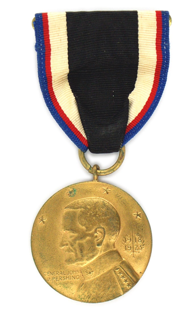 US ARMY OF OCCUPATION OF GERMANY Medal: B-251 "US ARMY OF OCCUPATION OF GERMANY" gilt Medal. Obverse has a relief profile of "GENERAL JOHN J. PERSHING". Reverse has a large eagle. Pin-back ribbon. I
