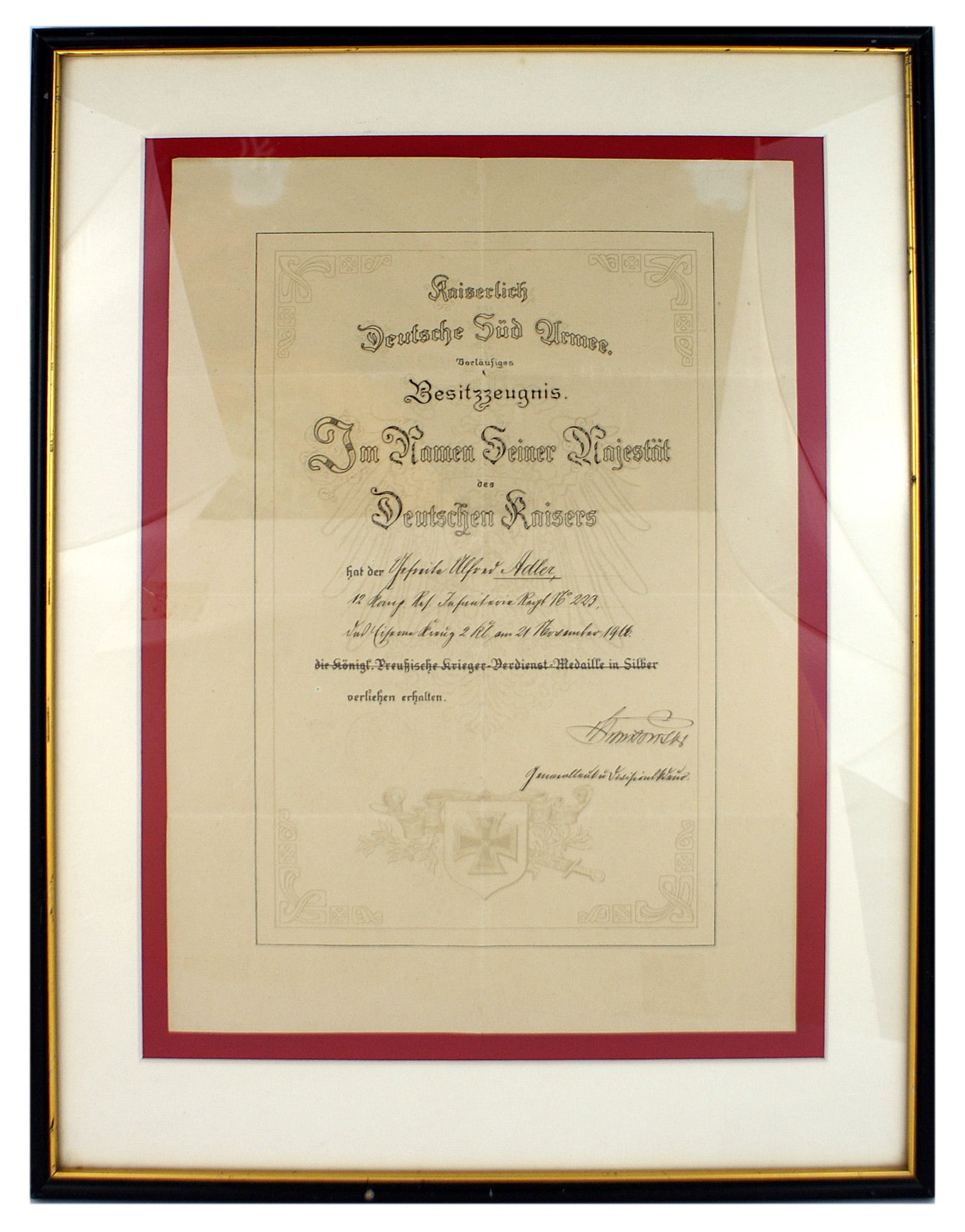 German WWI document Iron Cross 2nd Class: C-001 Unusual German large format WWI 2nd Class Iron Cross certificate. 16" x 11 3/4" citation from "The Kaiser's German South Army". Awarded to Gefr. Alfred Adler of the 223rd Infantry Regiment on 21