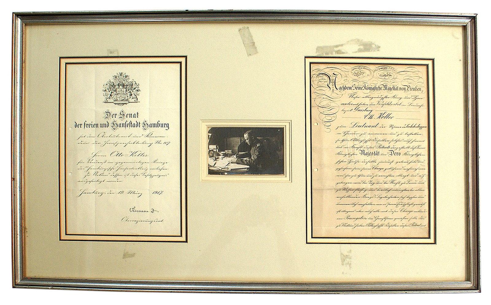 3 German documents military career 1904 to 1936: C-002 Lot of 3 framed German documents related to the military career of Otto Keller which trace his service from 1904 to 1936. Included are: (1) Appointment documents as a Reserve Lieutenant in 1910 