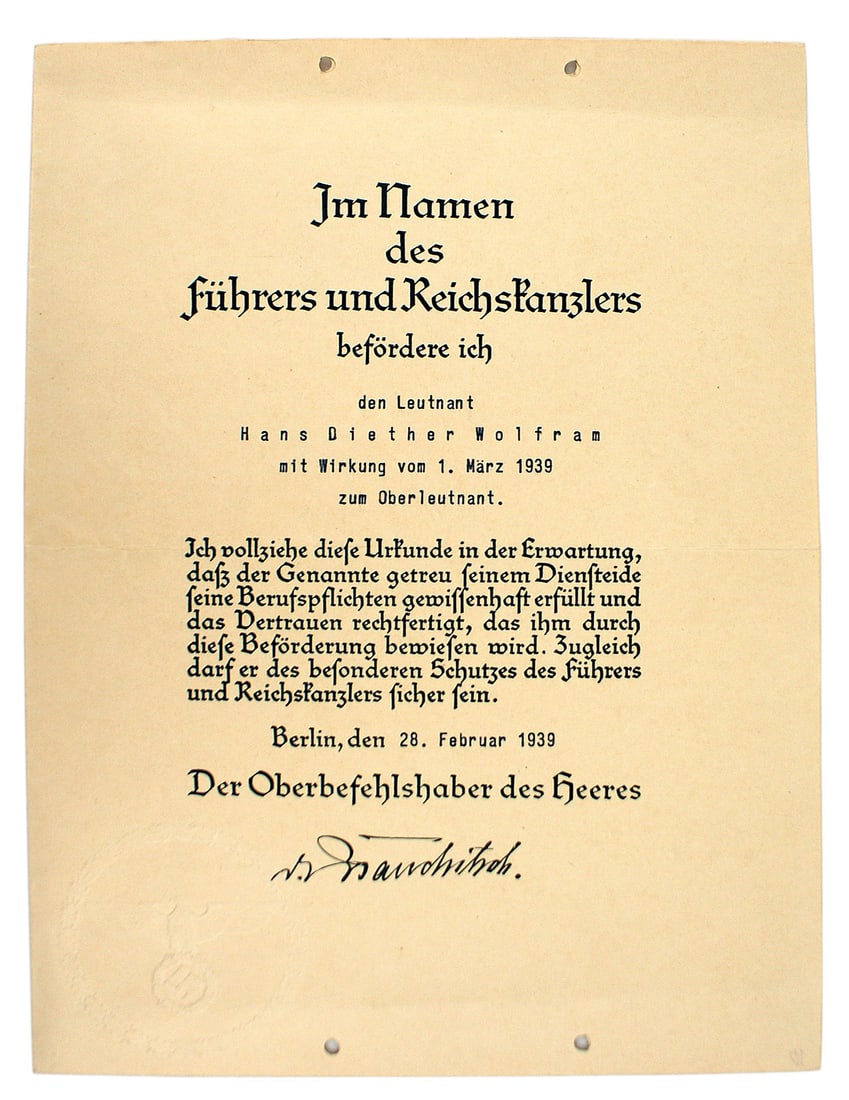German WWII promotion document: C-003 German Third-Reich document promoting Lt. Hans Diether Wolfram to 1st. Lieutenant Ink signed by Commander-in-Chief of the Army von Brauchitsch". Dated "1 March 1939". (Walter von Brauchitsch ser