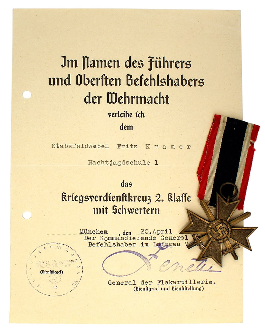 German WWII citation/medal KvK 2nd Class Swords: C-005 German WWII citation for the War Service Cross 2nd Class with Swords, presented to "Stabsfeldwebel Fritz Kramer - Nachtjagdschule1" on "20 April, 1942" (Hitler's Birthday). Ink stamped with an e