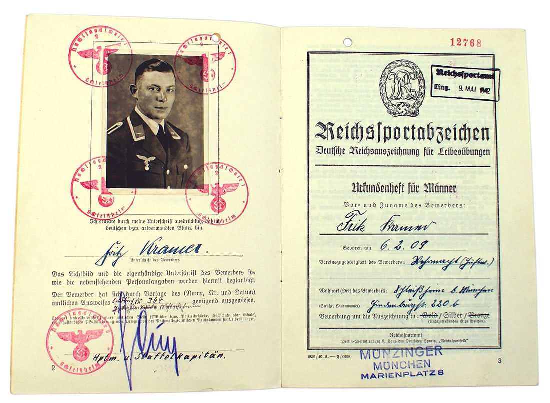 German WWII record book National Sports Badge: C-020 Third-Reich individual record book for the National Sport's Badge. Imprint of the DRL Badge on cover. Complete with photo of participant in a Luftwaffe uniform. Information on 5 completed tests 
